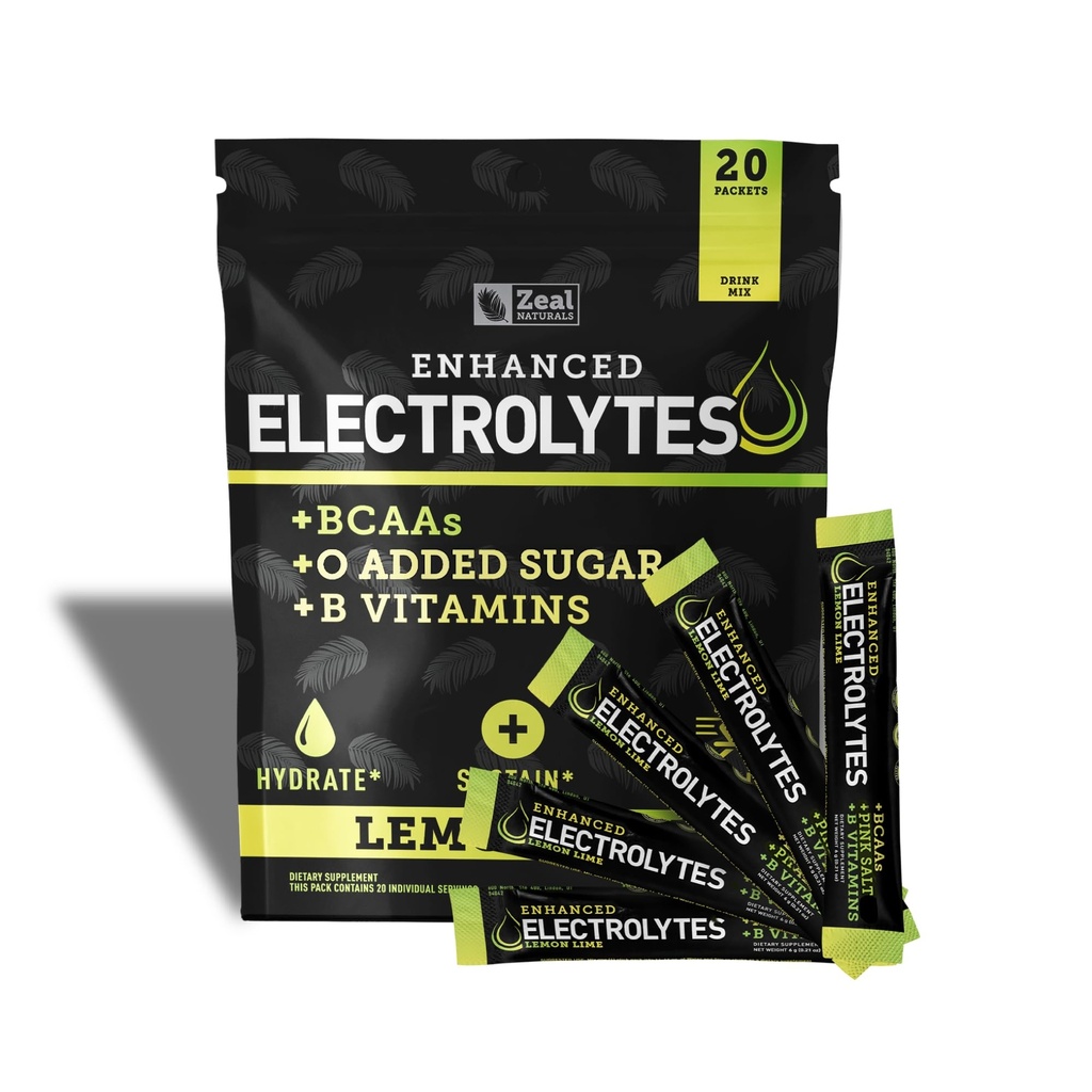 强化电解胶粘性胶囊(Lemon Lime QQ 20 Packets) w/ 0 糖 + BCAAs + B-维生素 电解补液 w 钾 锌和镁 水解-克托电解