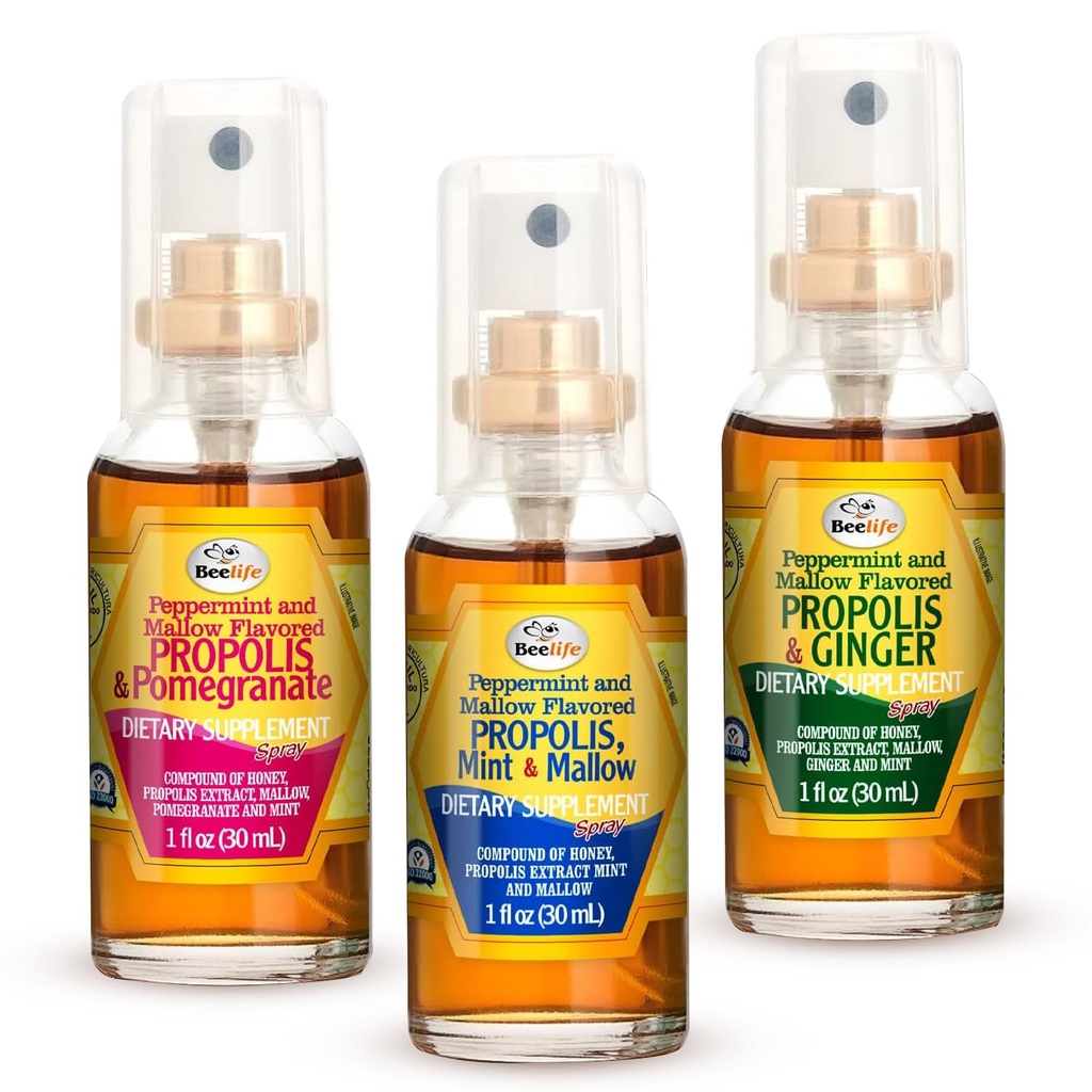蜂生命Propolis Throat Spray – Bee Propolis Spray for Natural Immunary Support & Sore Throat Relief – 富含抗氧化剂,Flavonoids & Artepillin C,无糖,Gluten-free - 3-Pack, 90毫升(精选)
