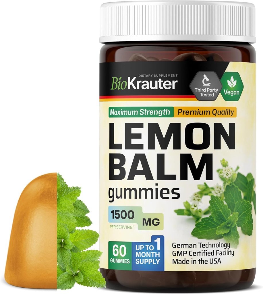 BIO KRAUTER 柠檬胶囊 - 1500 mg 强度 - 60 Vegan Chews - 平静支持 - 柠檬胶囊叶提取 - 无胶囊