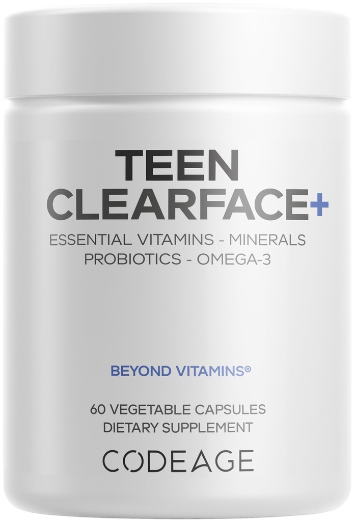 编码 少年清面 少年清面 皮肤和小孔 维生素 A, C, D3, E, Pantothenic Acid, Niacin, Zinc 补充 少年清面 Probiotics, L-Lysine, Omega-3, Olyy Skin, Pores, Spots - 60 Capsules