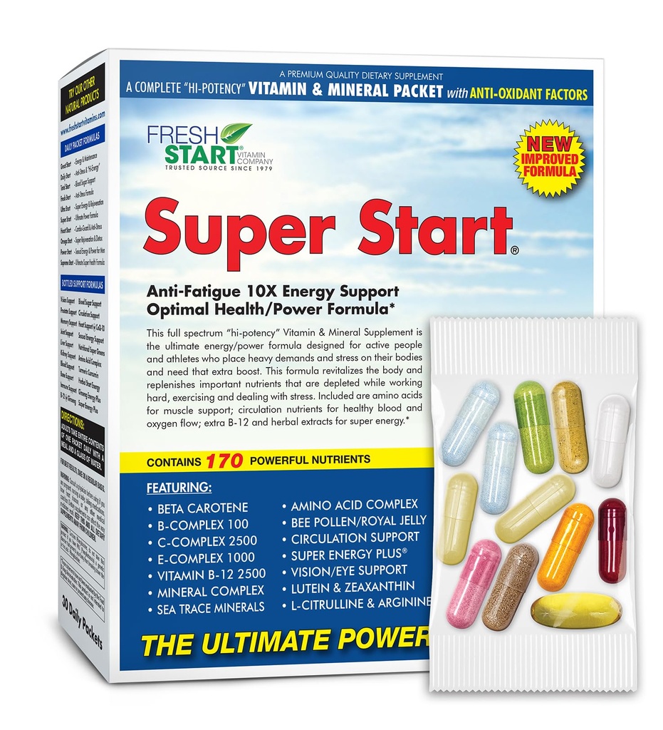 Super Start All-in-One Daily Vitamin Pack - Energy & Endurance - Vitamin B12, Panax Ginseng, Guarana, L-Arginine, L-Citrulline & BCAAs - 30 Day Supply