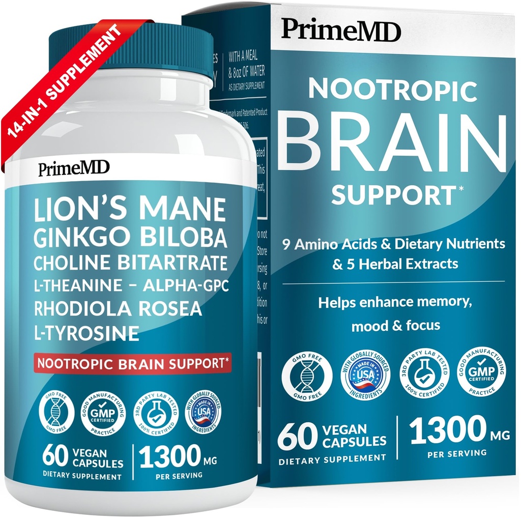 14-in-1 Lions Mane Supplements - 与Ginkgo Biloba 一起为大脑支持、记忆和焦点进行新热带大脑补编 - Alpha GPC, L Theanine & Choline Supplements 配有 1300mg Pervice (60 cm)