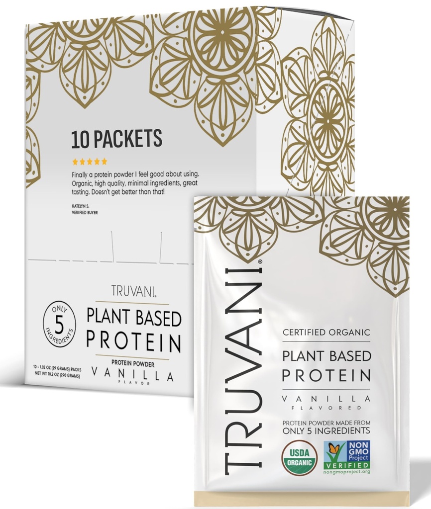 Truvani Vegan Pea蛋白粉 香草 20g 有机植物基蛋白 单服务旅行包 10 服务 Keto Gluten & 乳品免费 低卡