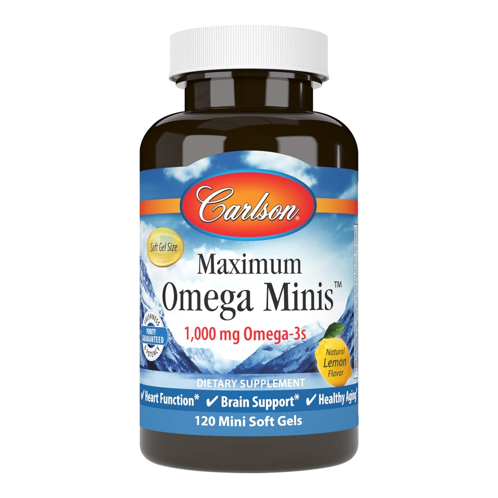 Carlson - 最大Omega 迷你剂,1000毫克Omega-3s,心脏功能,大脑支持与健康老化,柠檬,120小型软胶