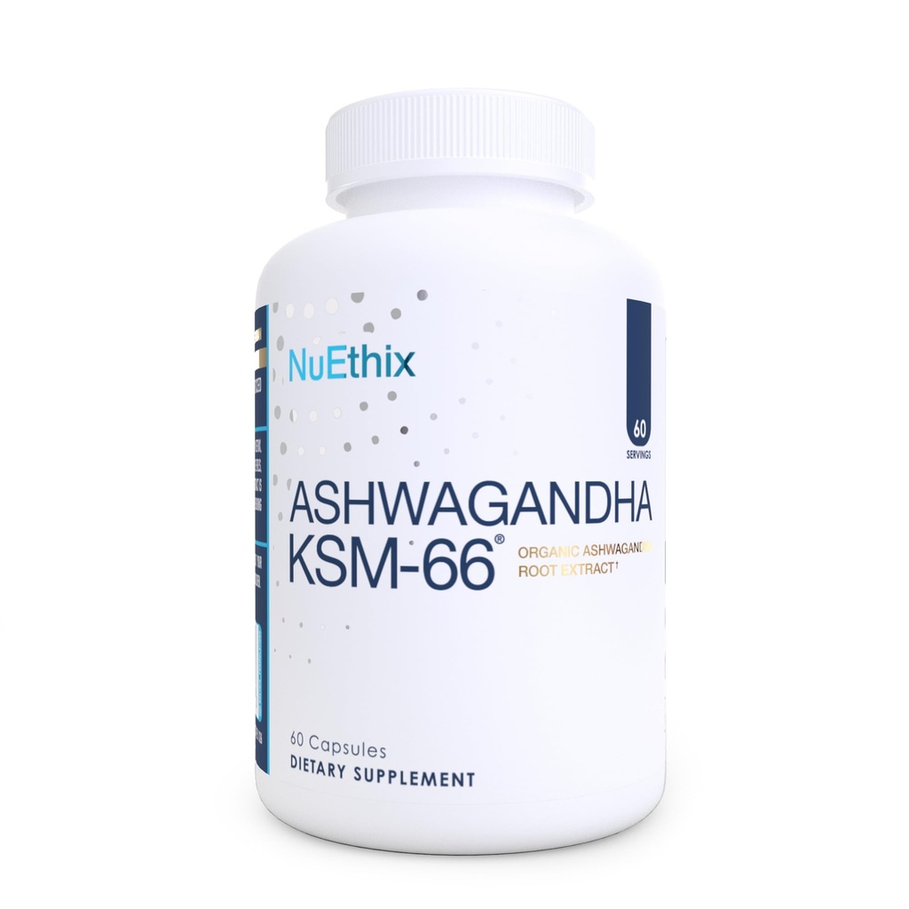 NuEthix 配方 Ashwagandha KSM 66, 500mg of KSM-66 根提取, Mood, 压力, 和认知支持, BioPerine 黑椒提取, Gluten Free, Vegetarian, 非GMO, & Dairy Free, 60 服务