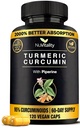 Turmeric Curcumin with Black Pepper Extraction (Piperine) - 120 Veggie Tummeric Capsules - Premium 95% 标准化的 Curcuminoids - 高吸附性和可能性 - 联合支助补编