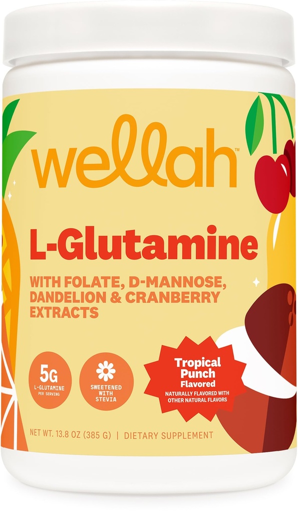 Wellah L-Glutamine Powder Tropical Punch (50 services) - 5g L-Glutamine Per Service, Sweeted with Stevia (中文(简体) ).