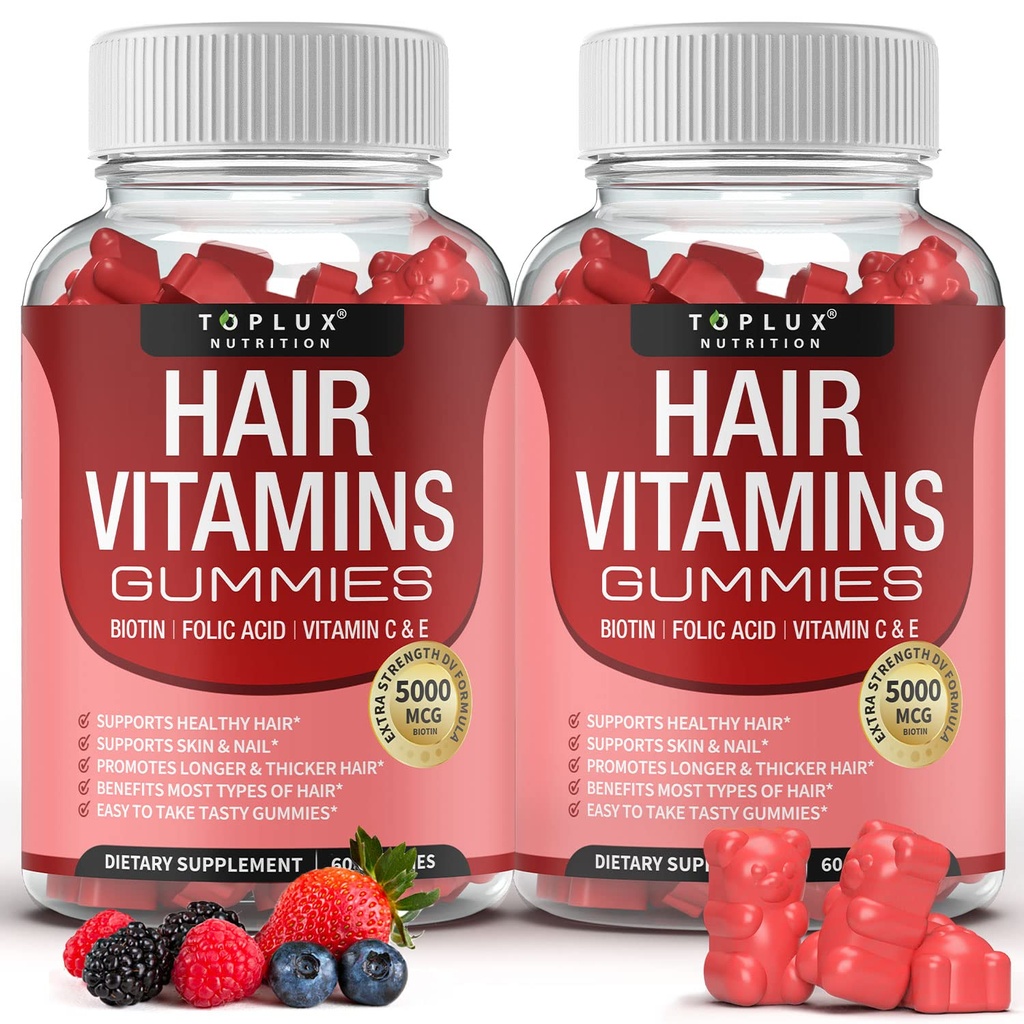 毛发维生素Gummy补充剂 — 更快的毛发生长 Gummy 5000mcg Biotin, Folic Acid, Vitamin C & E, 支持更强和Thicker Hair, Skin, Nails, Non-GMO, 男子60 Berry Flawared Gummys