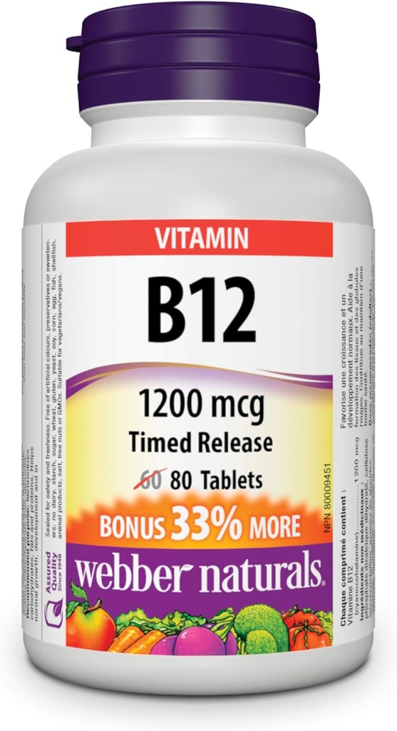 Webber Naturals Vitamin B12 时间释放 1200mg 80 块板块