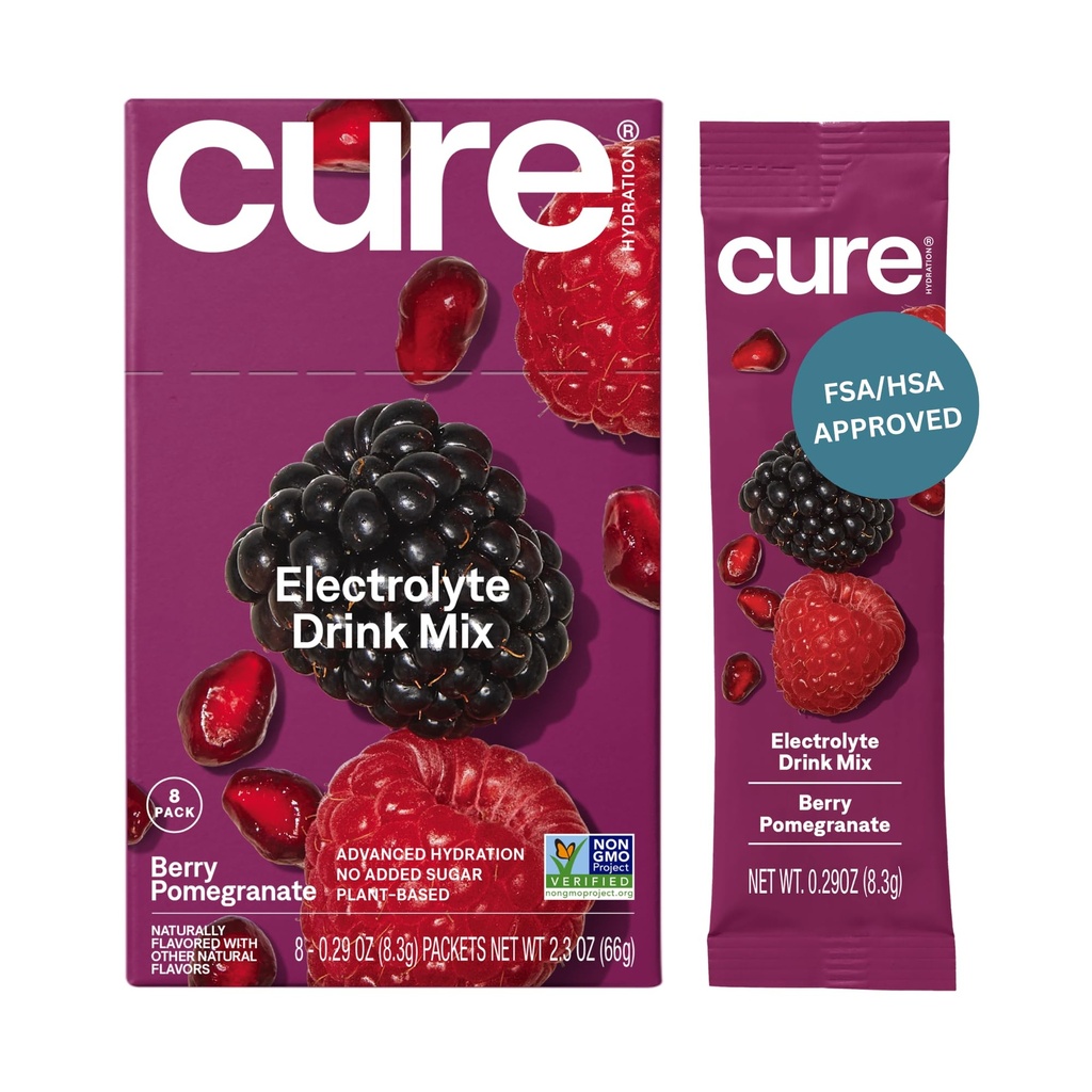 醋水(Cure Hydrition QQ) 植物用电解质 饮料 混合剂 没有添加的糖 | 脱水解药 用椰子水制成的 | Non-GMO | Vegan | 8 包装盒 - Berry Pomegranate