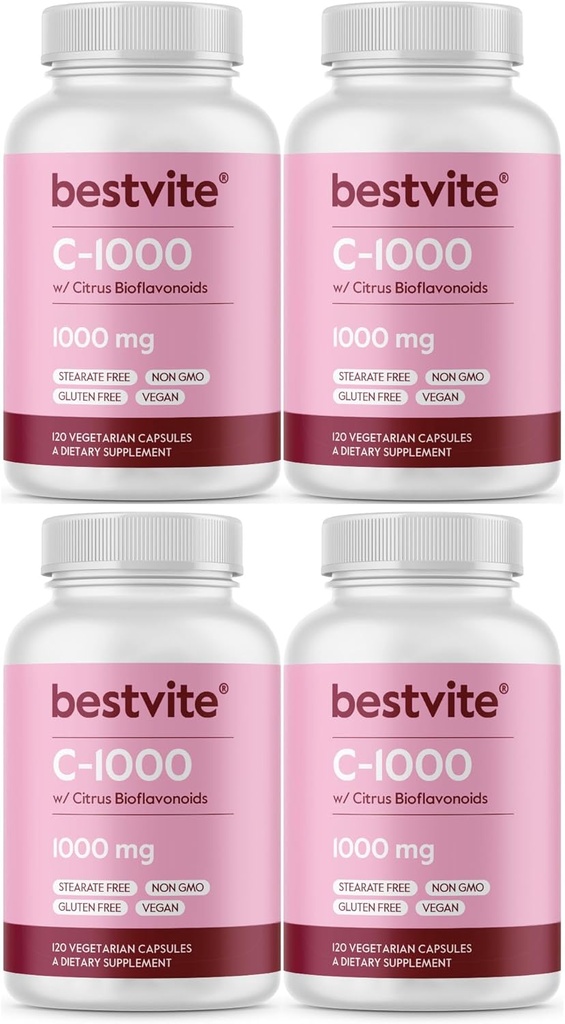 BESTVITE 维生素C 1000mg(480个蔬菜卡普尔)(120x4),配有Citrus Bioflavinoids - 无刺类 - Vegan - 非转基因 - Gluten Free