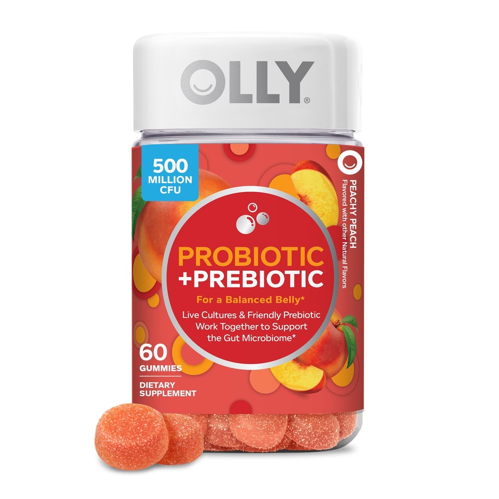 OLLY Probiotic + Prebiotic Gummy,消化支持和Gut健康,5亿CFU,Fiber,成年可口食品的男女补充,桃子,60天供应-60计