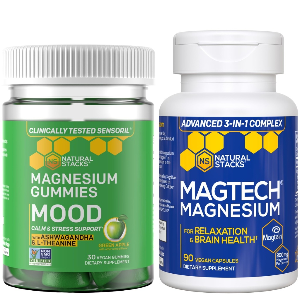 天然堆栈 Magtech + Mood Magnesium Gummys Bundle - 4种镁形式 - 支持放松和脑健康* - 120片
