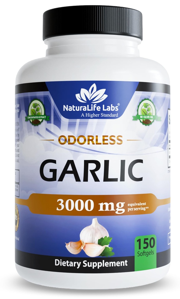 Natural Life Labs Odorlic – 3000 mg equivalent per service – 150 Softgel – 集中大蒜大块提取物与有机增生橄榄油 – 非GMO, Gluten-Free