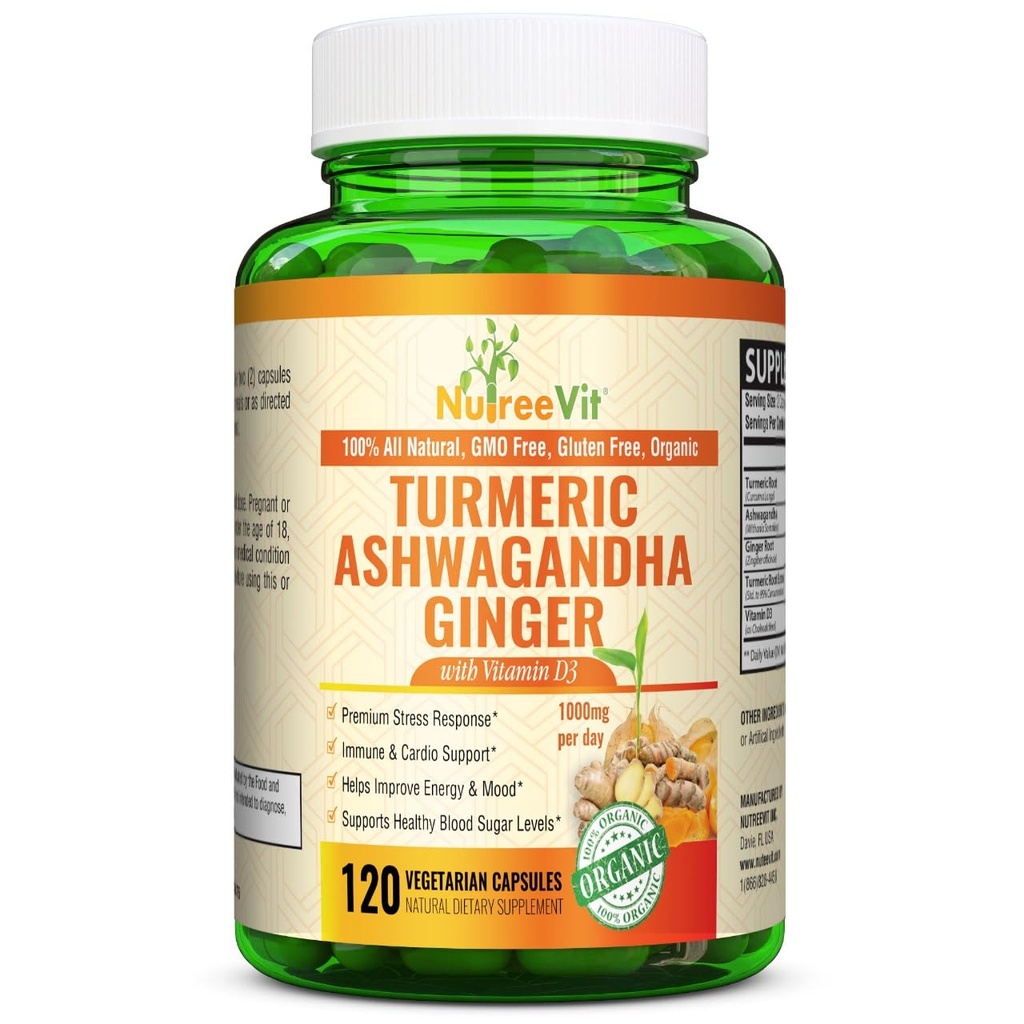 配有 Ashwagandha & Ginger 的 NutreeVit 有机图尔默 - 120 Capsules → Ashwagandha Root & Turmeric 配有维生素 D3 → 草药一般健康补充