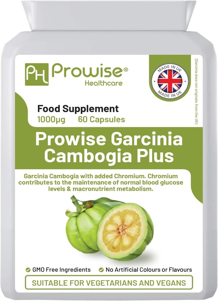 Garcinia Cambogia 1000mg 60 Capsules - 联合王国制造的GMP Prowise保健标准 -- -- 适用于蔬菜和维加斯