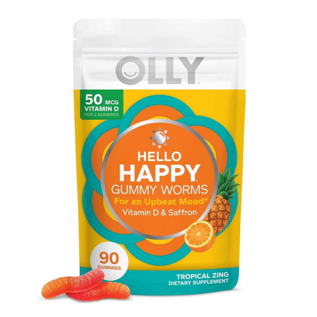 Hello Happy Gummy Worms, Mood平衡支持,维生素D, 沙发, 成人厨师补充, Gluten Free, Tropical Zing - 90 Counter