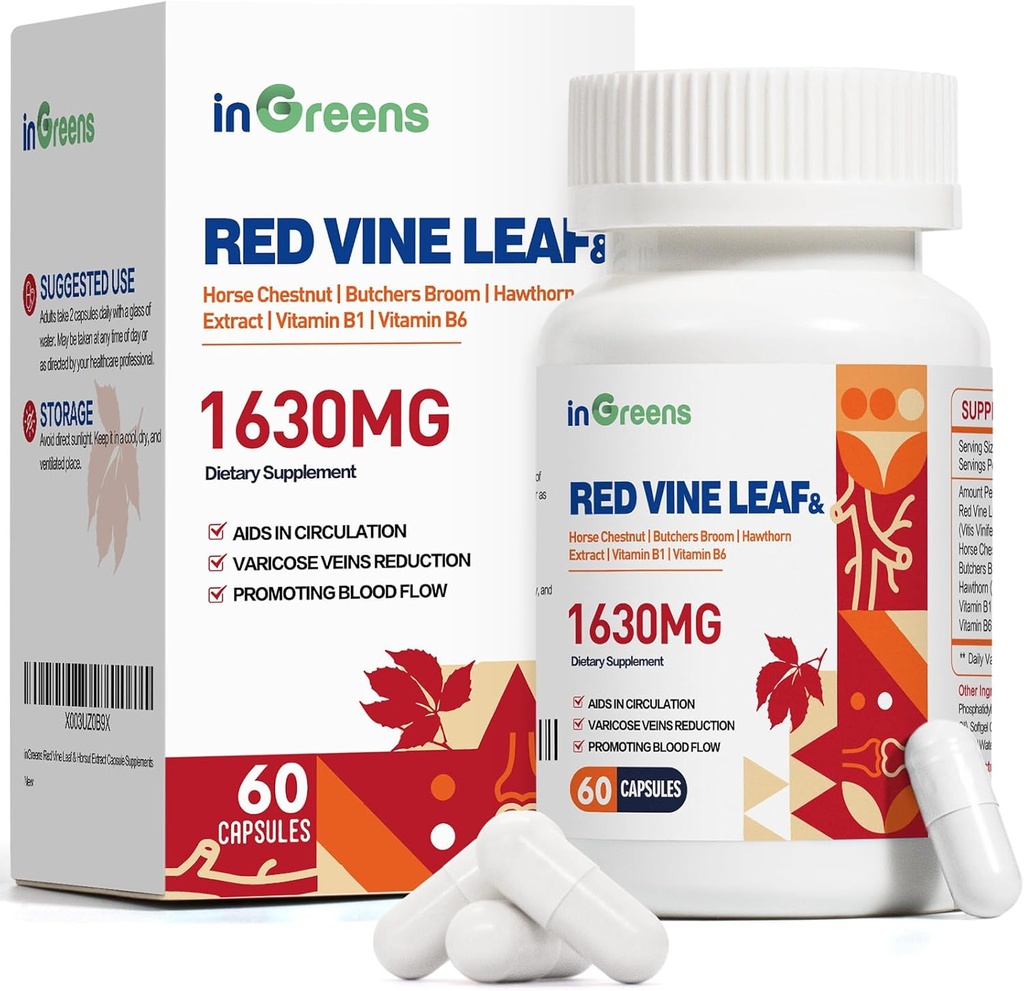 Red Vine Leaf 提取 1630 mg 与马栗,屠夫的扫帚,Hawthorn 补充 Varicose Veins, 腿,流通,心脏,皮肤,支持心脏健康,美国制造,60 Capsules