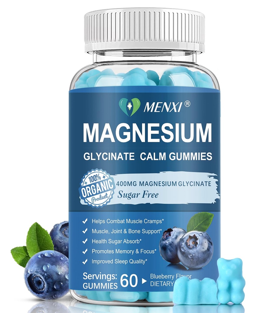 甘油酸镁/每升甘油酸镁-甘油酸镁400mg和甘油酸镁200mg,苏加自由甘油钾补充剂,用于镇静莫德,肌肉,骨和睡眠支持,60蓝莓甘油