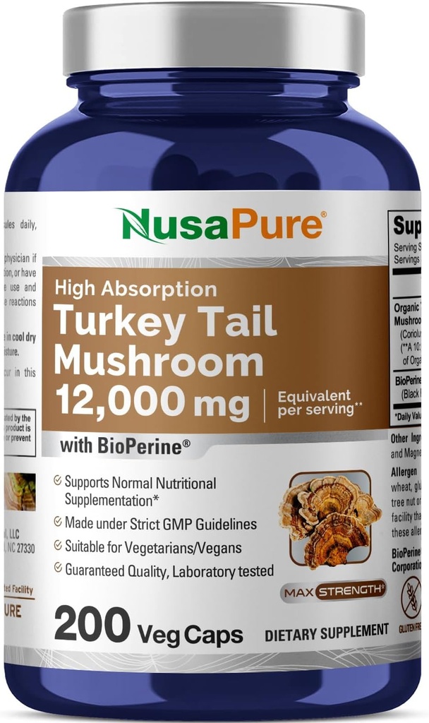 NusaPure Turkey Tail Mushroom Capsules, 10:1 提取物, 1200毫克至12,000毫克,200 Vcaps, Non-GMO, Gluten Free, Bioperine