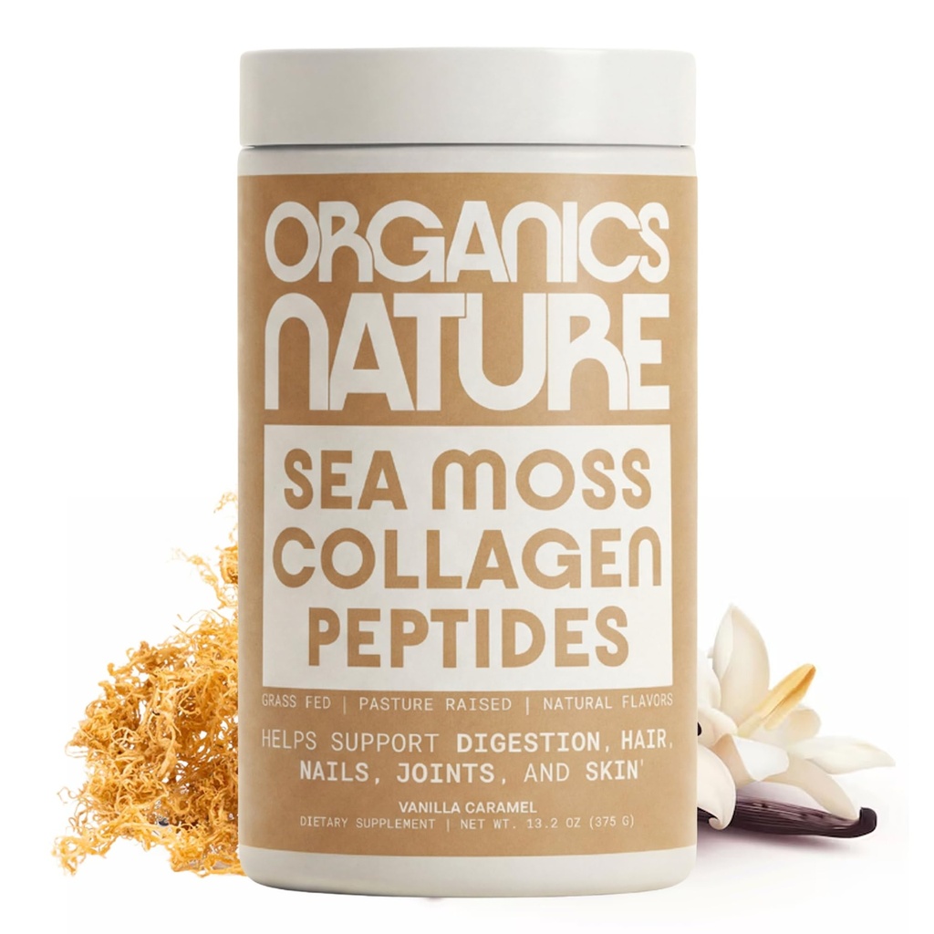ORGANICS NATURE Collagen Peptides Powder with Irish Sea Moss Vanilla Caramel Flavored 天然源水解 Collagen w/Biotin for Hair, Skin, Nail, 和联合支援30 service 380 gr