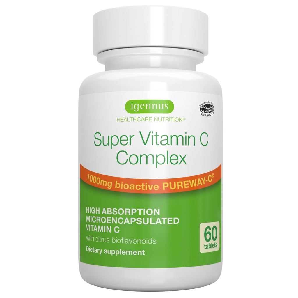 Igennus高吸附性超级维生素C,清洁标签纯度-C 1000mg,Vegan维生素C与生物氟化物,60种服务,24小时行动,免疫健康,能源,心脏和大脑