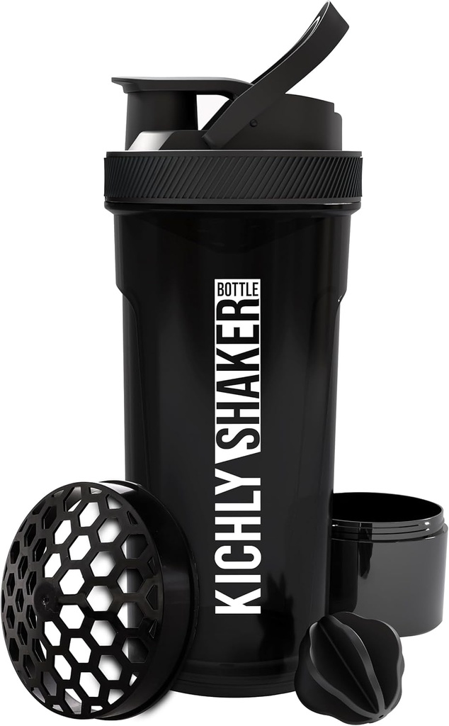 KICHLY 摇摆瓶 1 Pack - 24 Ounce 塑料蛋白摇摆瓶,与Twist & Lock 蛋白盒存储器(黑色)一起用于前期和后期健身