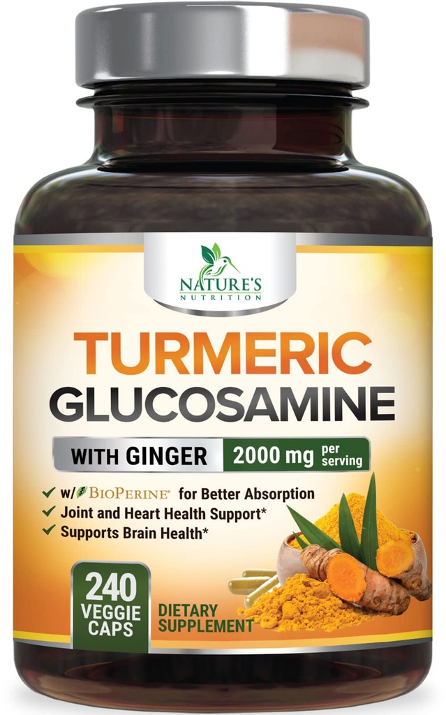 Turmeric Crucumin Supplement 2000mg - 95% Crucuminoids with Glucosamine, Ginger & MSM, BioPerine Black Pepper for Best Absolute, Nature's Vegan 联合支持, Non-GMO, Bottled in USA - 240 Capsules