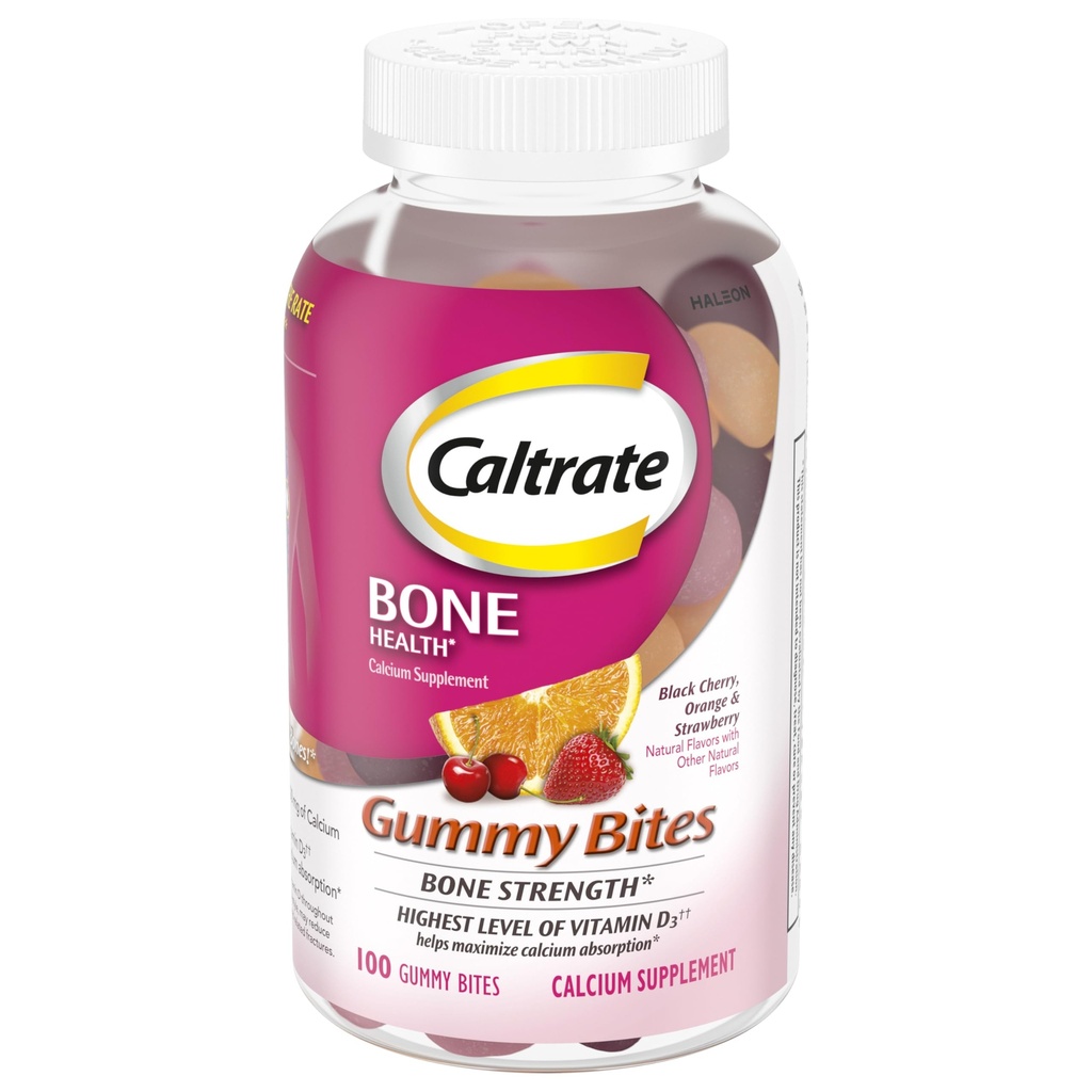 Caltraate Gummy Bites 500 mg Calcium and Vitamin D 补充品,黑樱桃,草莓,橘子 - 100 计数