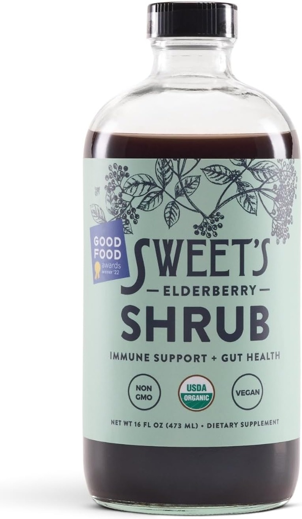 Sweet's Elderberry Organic Shrub – USDA Official – 消化和免疫支持 – Versatile drink Vinegar – Mocktail Mixer – 16 oz 可回收瓶