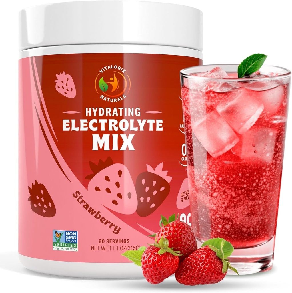 Electrolyte Powder – 零糖水解 Mix → 90 services → Keto, Vegan, Gluten-Free → 天然电解剂 用于肌肉恢复,能量和免疫支持 → 草莓 Flavor → 用于奔跑者,女性