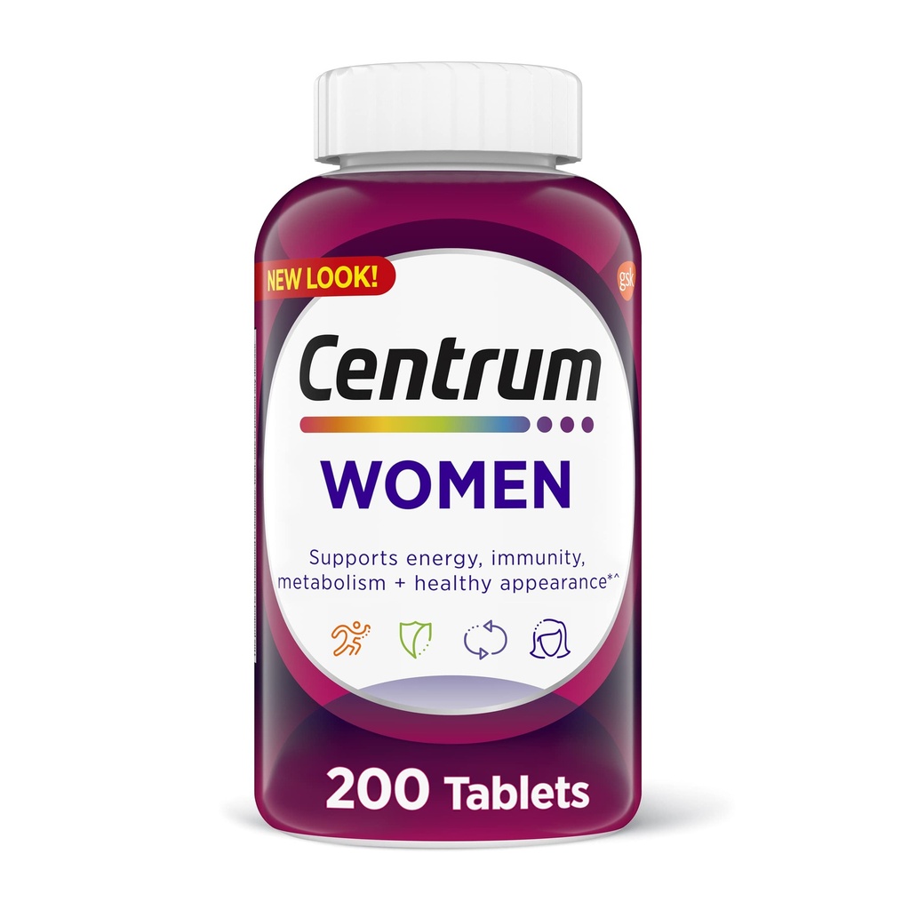 Centrum 妇女多维他命片,多维他命/多矿补充铁,维生素D3,B维生素和抗氧化维生素C和E,Gluten Free,非GMO成份-200个计数
