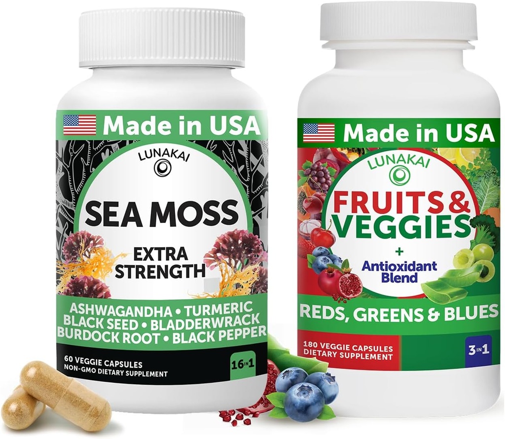 Lunakai USA 制造超级食品水果和蔬菜补充品 & 爱尔兰海 Moss Bundle 配有 4 Blends,黑种子油和 Ashwagandha 配有 Imune 和 健康支持