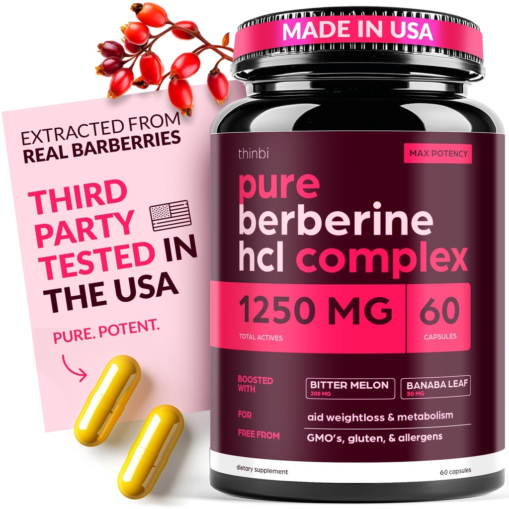 Berberine 增量 1250mg Potent 植物帽用于重量管理,配有 Bitter Melon 和 Banaba Leaf - 来自 Barberry 提取的 HCl 30 服务