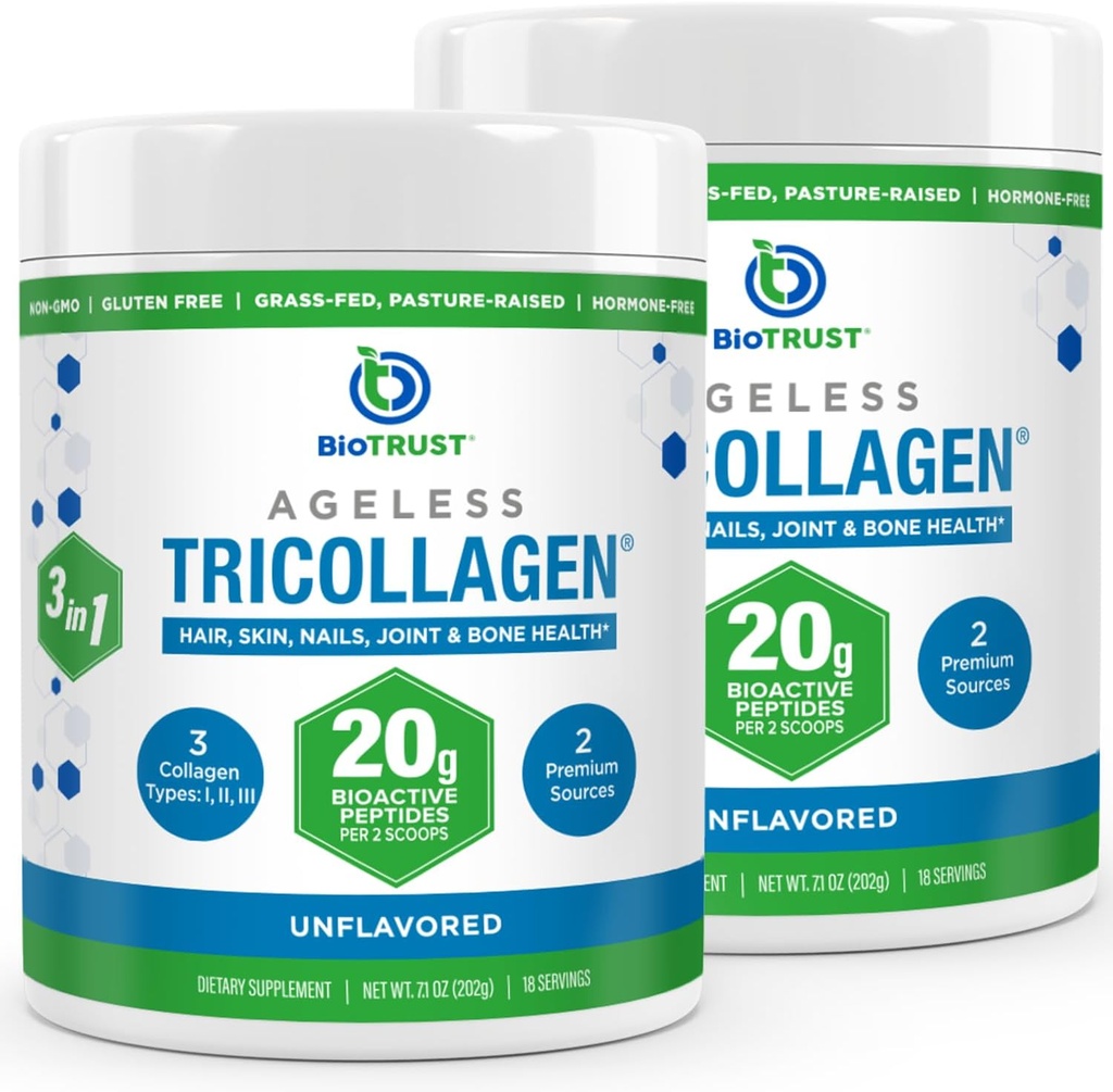 BioTrust Tri Collagen Powder - 3-in-1 水解Collagen Peptides Powder(第一类,第二类,第三类) - 草药Collagen蛋白粉用于抗衰老,皮肤,毛发,骨骼和联合健康 - 不受欢迎,2-包