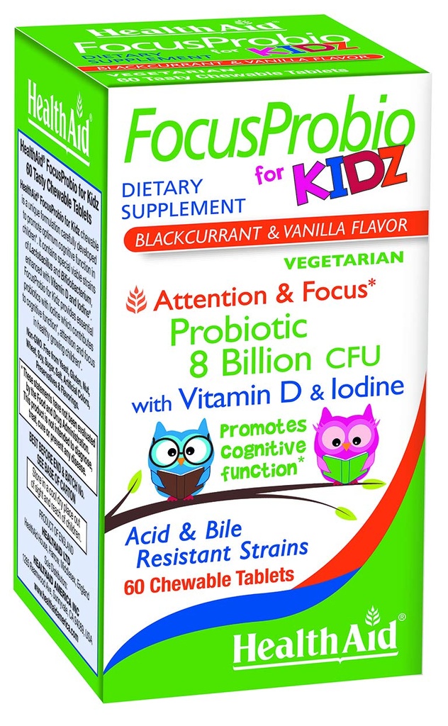 FocusProbio for Kidz, 60 Chewwable Tablets, 支持认知功能 关注和聚焦. Blackcurrant and Vanilla Flavor, 包含维生素D和碘. 酸碱和Bile 阻断 Strains. 植物学家