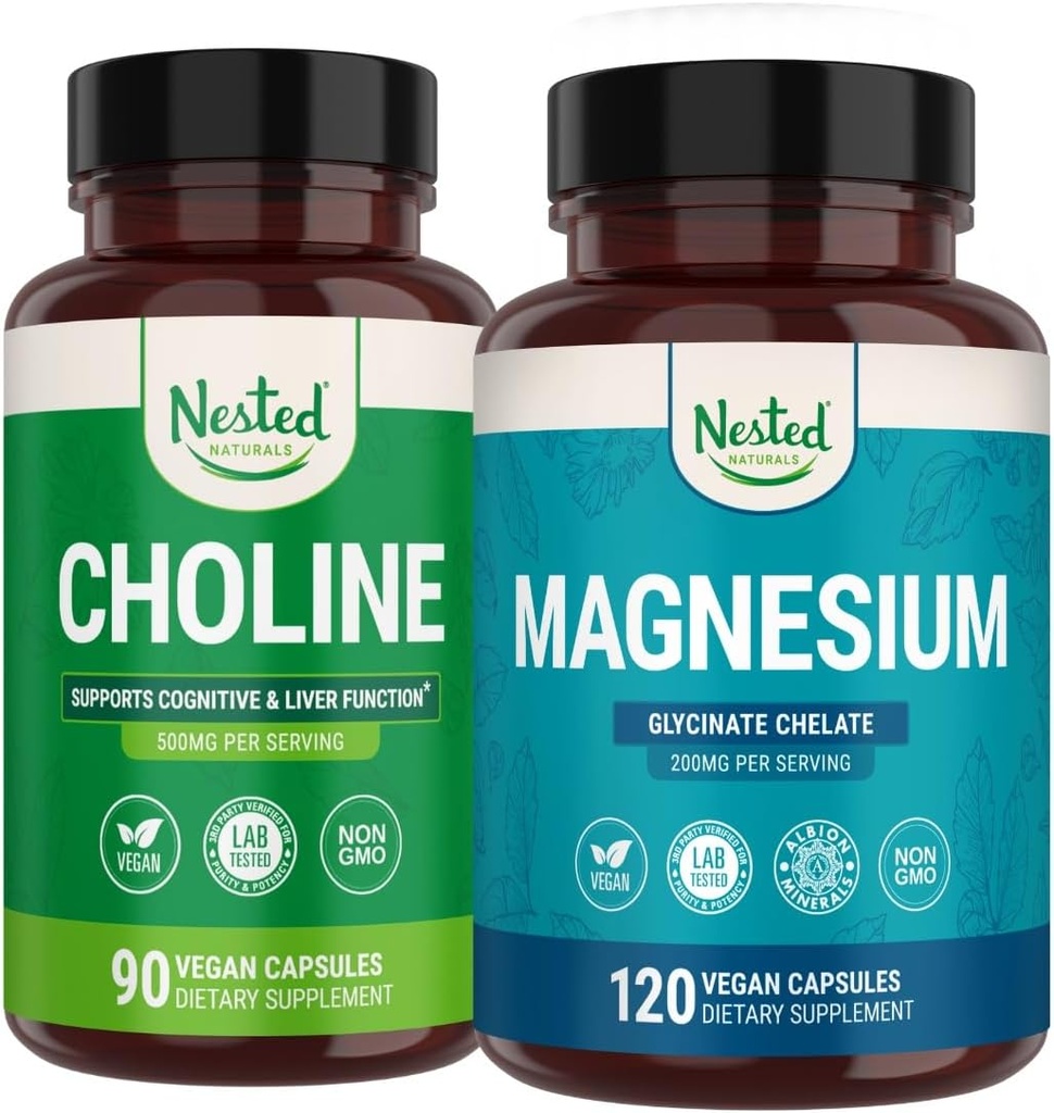 Nested Naturals Choline Bitartrate & 镁 Glycinate Chelate Stack 放松,睡眠支持,认知性能(210计)