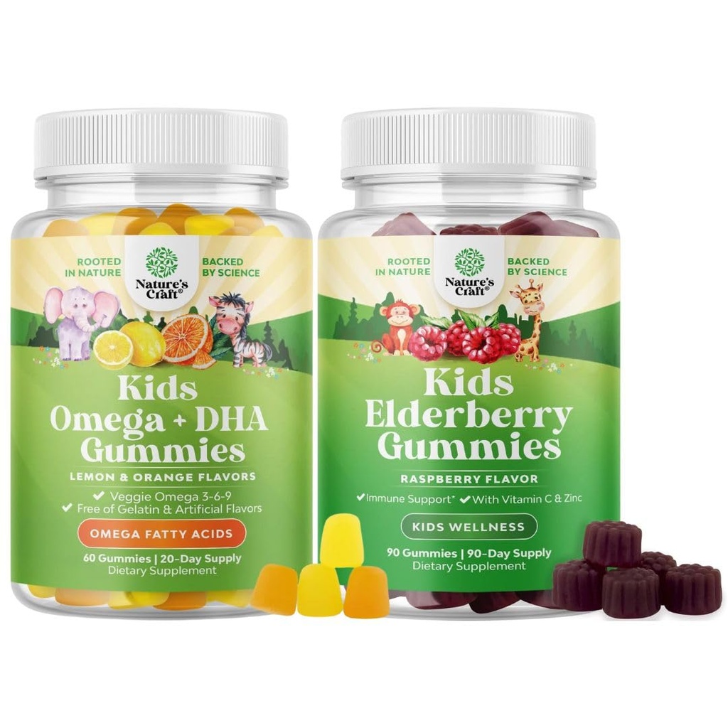 DHA Omega 3 Gummys - 脂肪酸 Omega 3 6 9 大脑免疫强度与视觉 - 营养性 DHA和 Sambucus 老年莓 Gummys for Kids Health - 锌和维生素C for Imunet Support