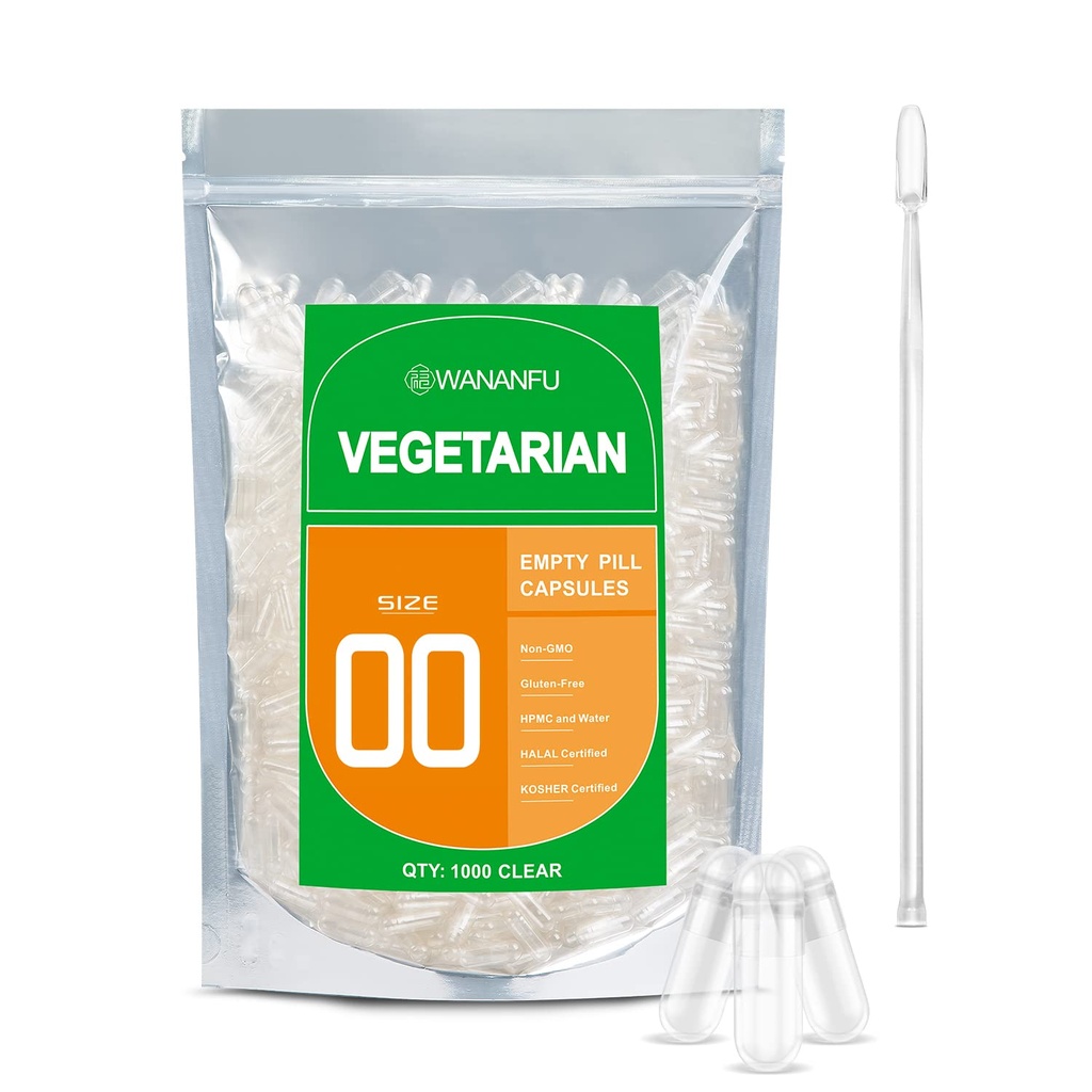 wananfu Size 00 空的 Capsules Vegetarian (1000 count) 装有微实验室勺的包, 清空可填充的 Veggie Pill Capsules 00 用于制作自己的补充