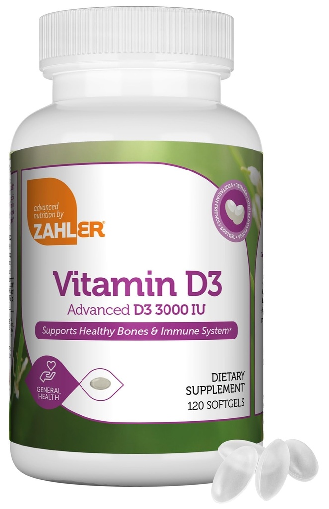Zahler - 高级维生素D3 3000 IU Softgels (120 Counter) 科舍尔植物友好维生素D 支持免疫,骨骼,牙齿和肌肉健康 - 成人每日D3维生素补充剂 - 轻松燕子.