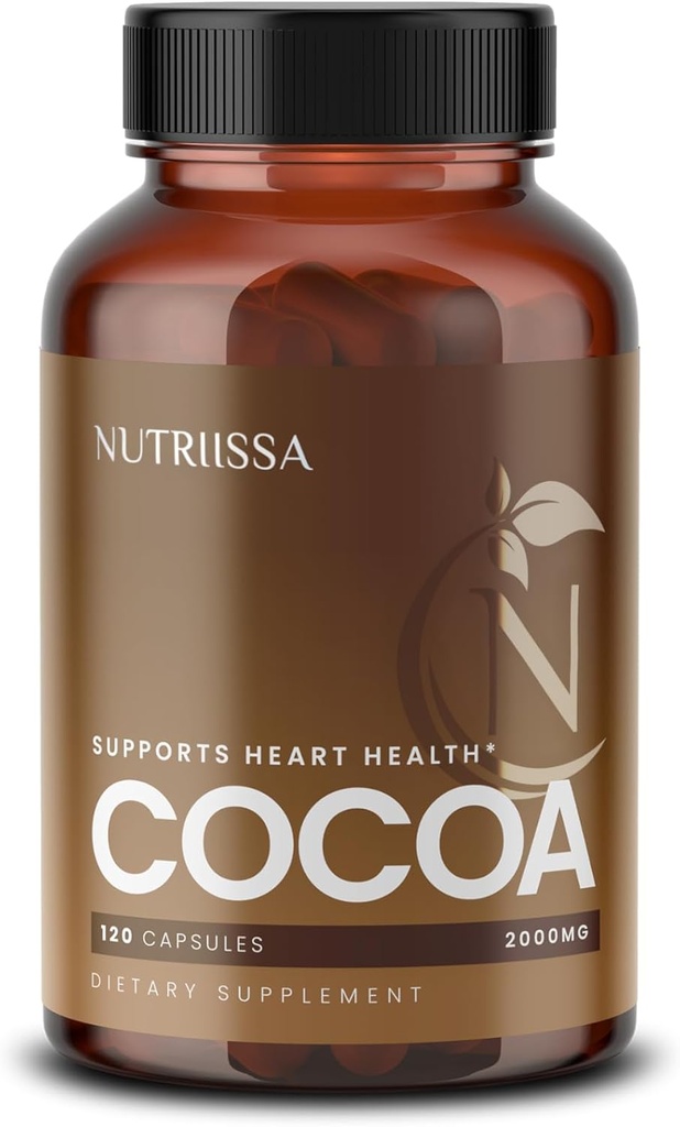 Nutriissa Cocoa Capsules 2000mg - 高级心脏健康、氮氧化物和循环支持 - 500mg Cocoa Flavanols per service - EPEB 纯度和可能性认证 - Vegan, 120 Capsules, 40 service