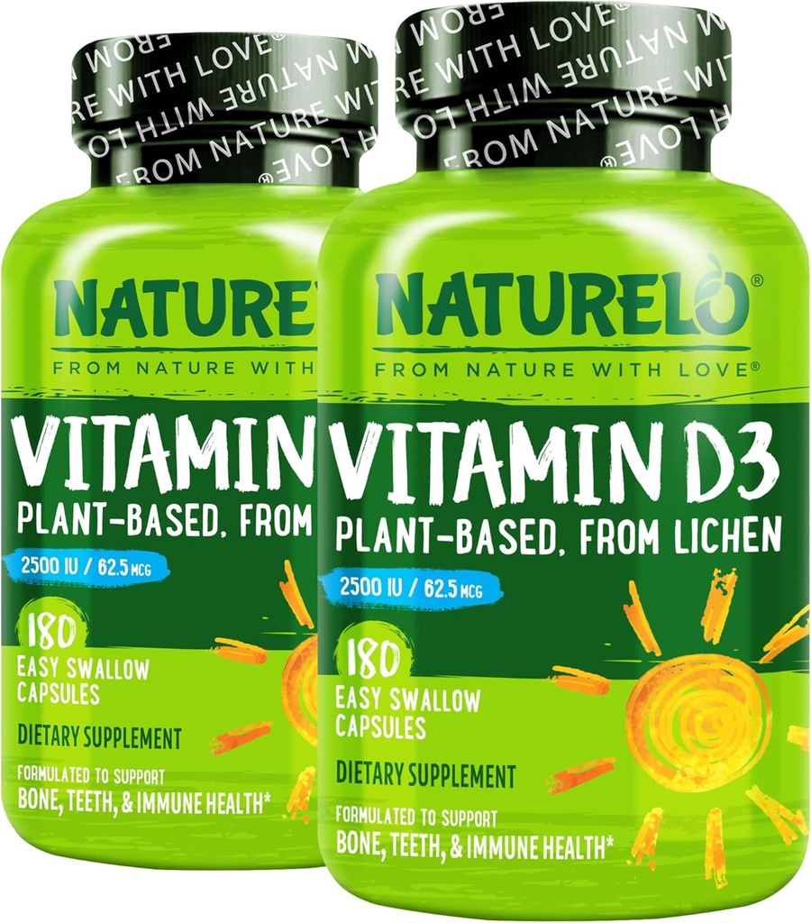 NATURELO 维生素D - 2500 IU - 基于Lichen的植物 - 天然D3 免疫系统补充剂,骨骼支持,联合健康 - Vegan - 非GMO - Gluten Free - 180 Capsules (Pack of 2)