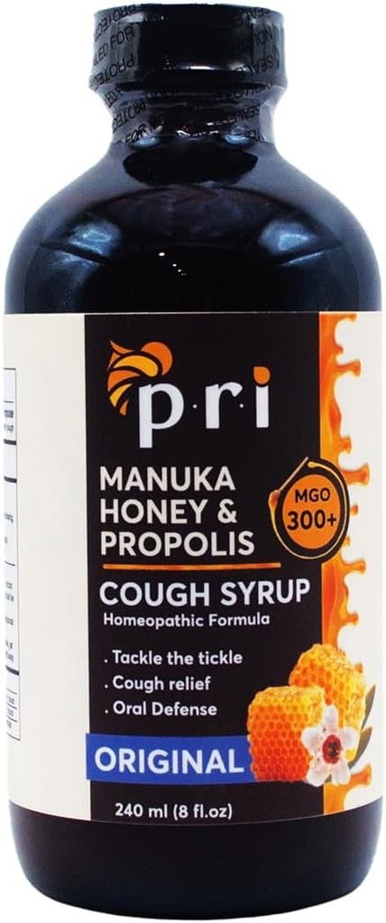 P.R.I 天然干咳糖浆与玛努卡蜂蜜,Propolis,茶树油和维生素C - 酸喉 & Immune支持,原Flavor, 8oz