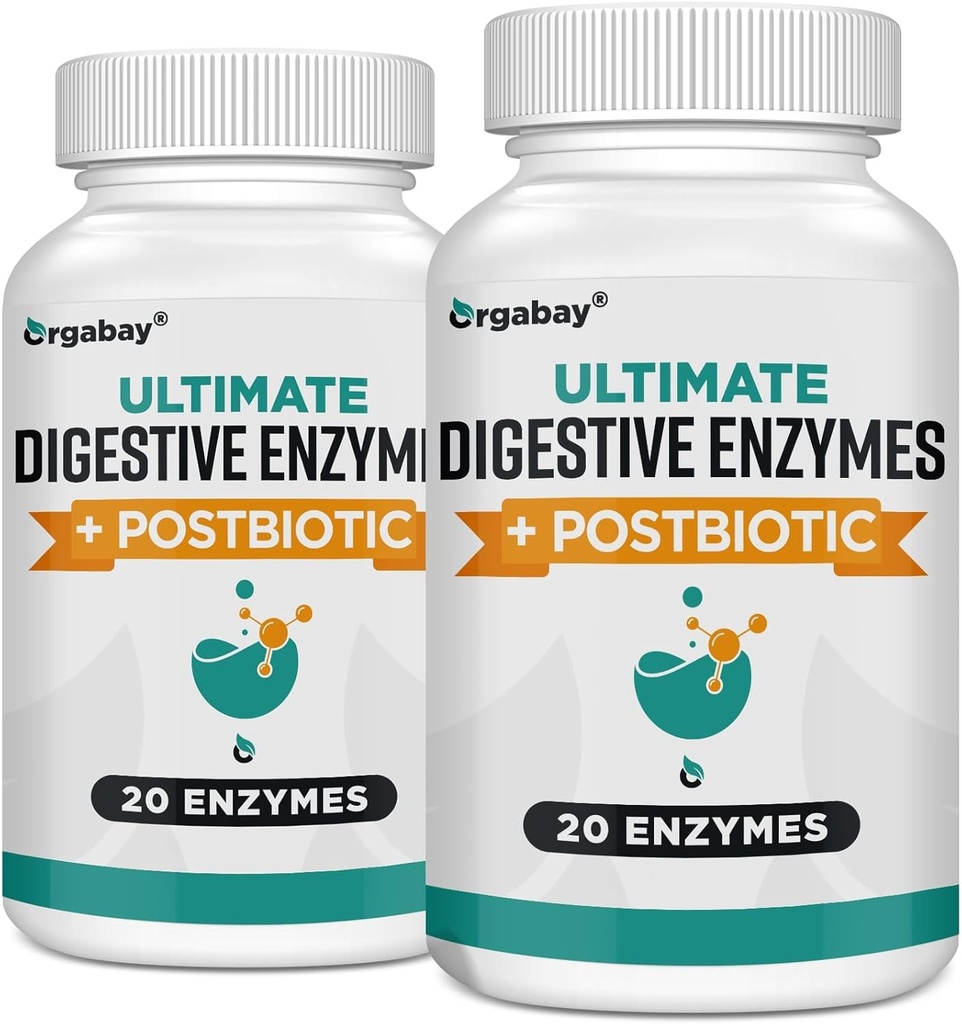Orgabay 文摘酶 1000mg 与 Postbiotics , 20 Enzyme Blend for Bloating, 优化文摘和 Gut 函数, 120 Veggie Capsules