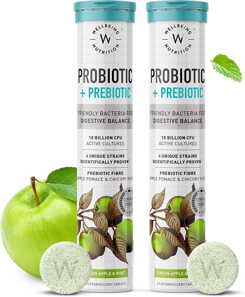 (原始内容存档于2019-03-05) (中文(中国大陆) ).  WellBEING Nutrigion Daily Probiotic + Prebiotic + Probiotic + Plant based $ 18亿 CPU, 6 Strains for Men and Women with Organic Prebiotic Fiber for Digestion, Gut Health, Metabolism → 42 Effervescent Tabs.