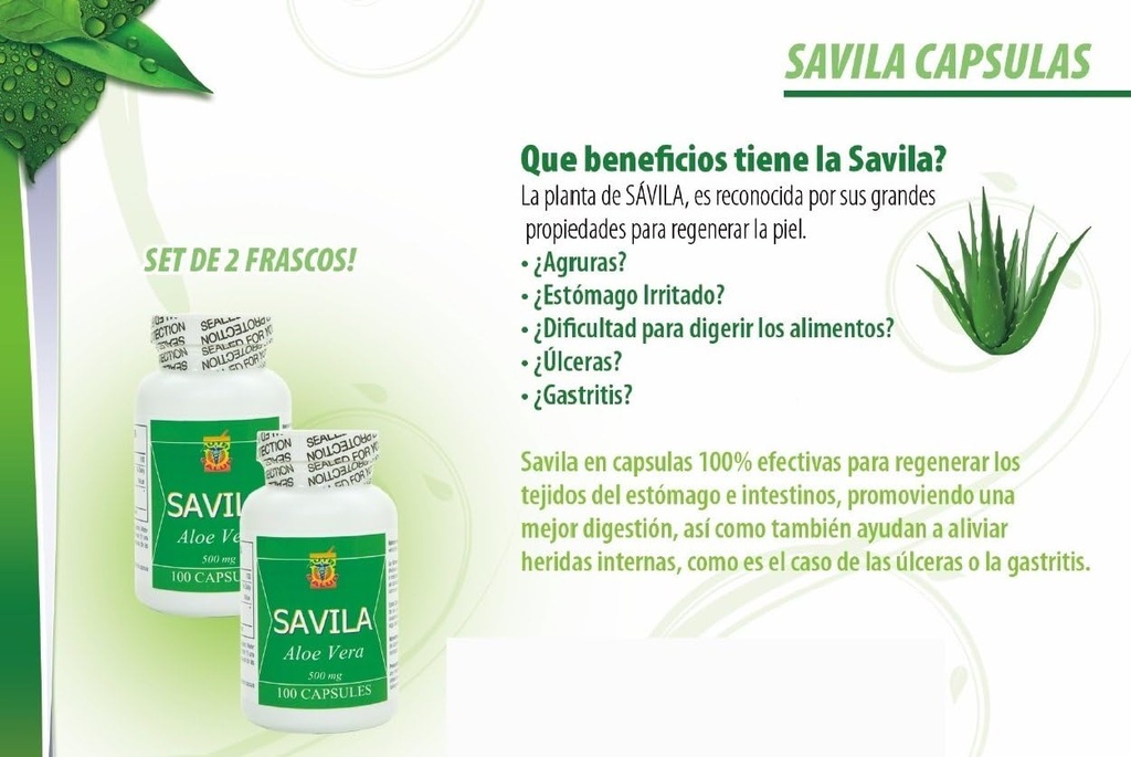 Savila, Aloe Vera Capsules 500 mg. Set de 2 frascos 100 capsulas CADA uno. Efectivo Contra ulceras, agruras,mala Digestion, Colitis, estreñimiento. 中国植物物种信息数据库. Dura mas de 3 Meses (英语).
