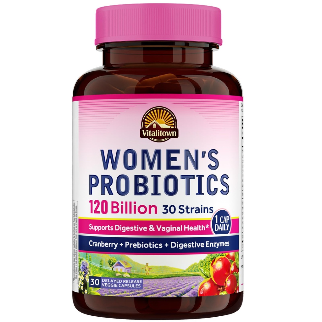 Vitalitown Probiotus for Women 120亿CFUs, 30 Strains, 配有预生和消化酶 & Cranberry, Gut & Vegan 30 延迟释放盖