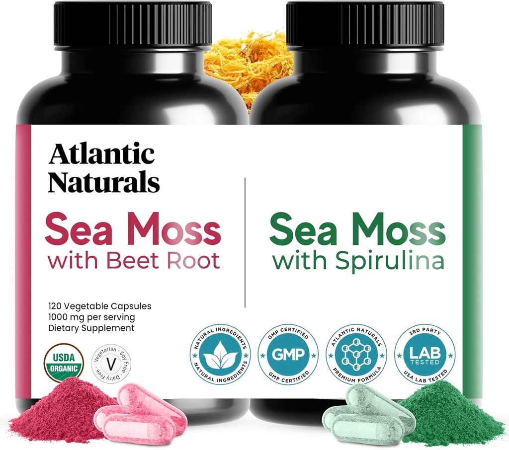 大西洋自然海 Moss 超级食品舱 -- -- 带甜菜根的海 Moss和Spirulina Capsules -- -- 国防支助、血液流动、联合健康和铁 -- -- 240个Capsules(2x120厘米)