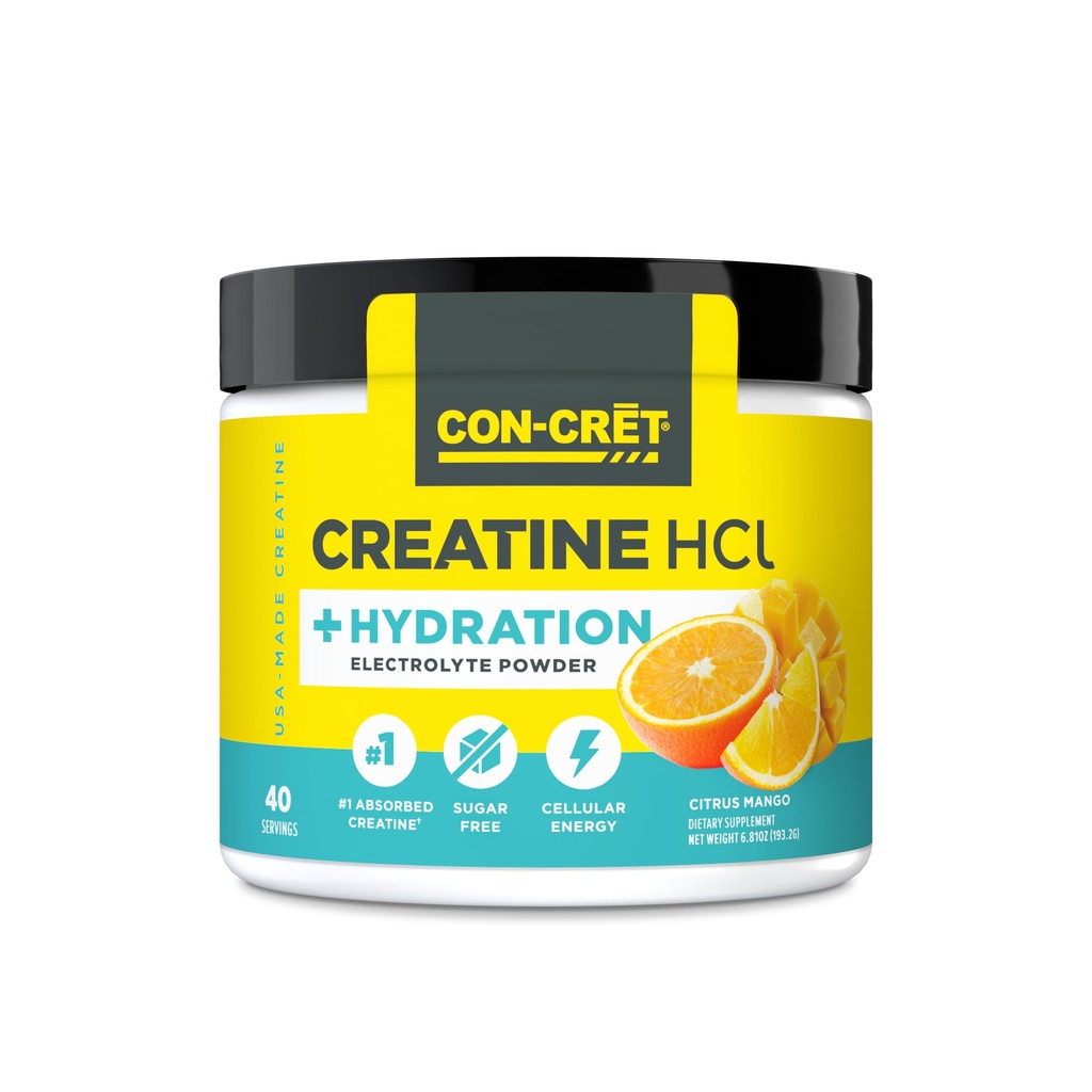 CON-CRET Creatine HCl + 水分 + 电解质 粉末 Tub → Citrus Mango → 糖自由电解 → 水分还原公式 钾、钠、锌、镁到水分还原(40个服务器)