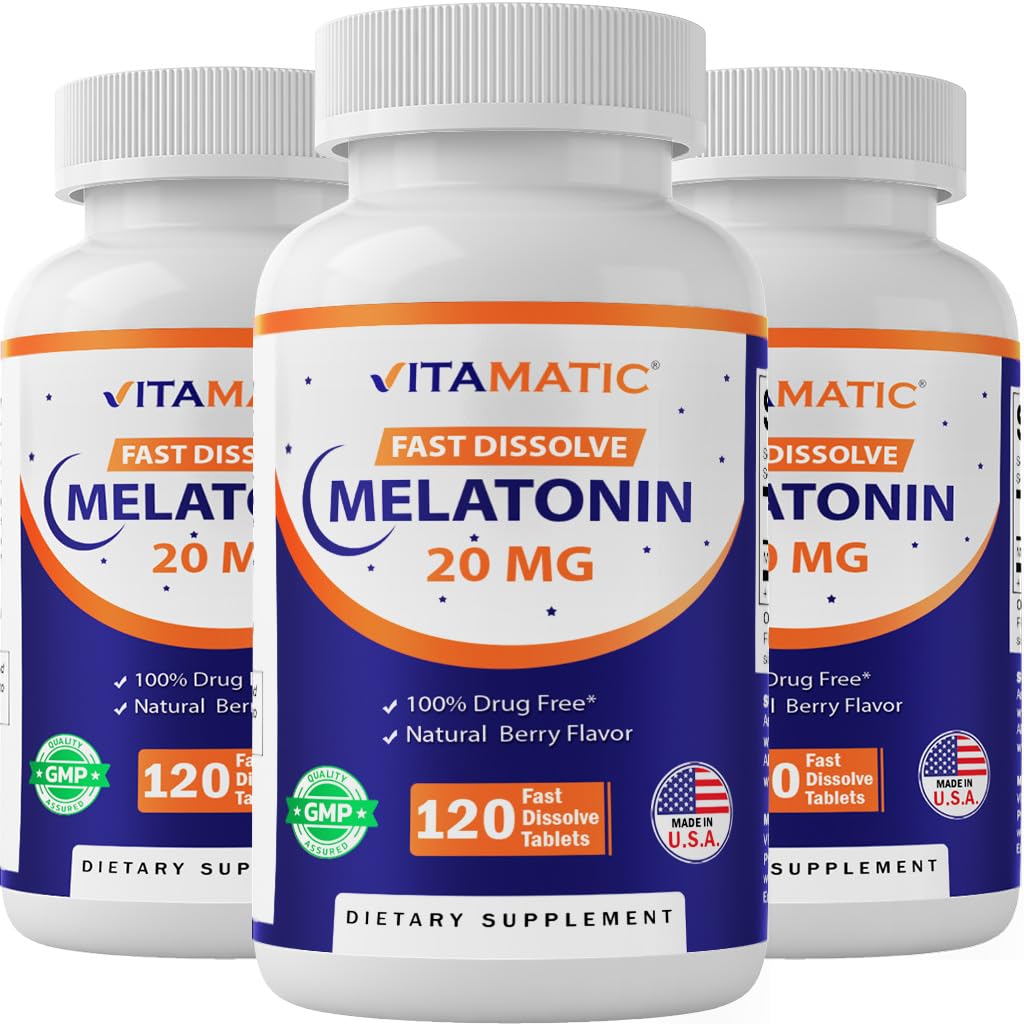 维生素Melatonin 20 mg 片 | Vegetarian, Non-GMO, Gluten Free | High Potency 20 MG | Natural Berry Flavor (1/2 片 = Melatonin 10 mg) (120 计数 (3 包))